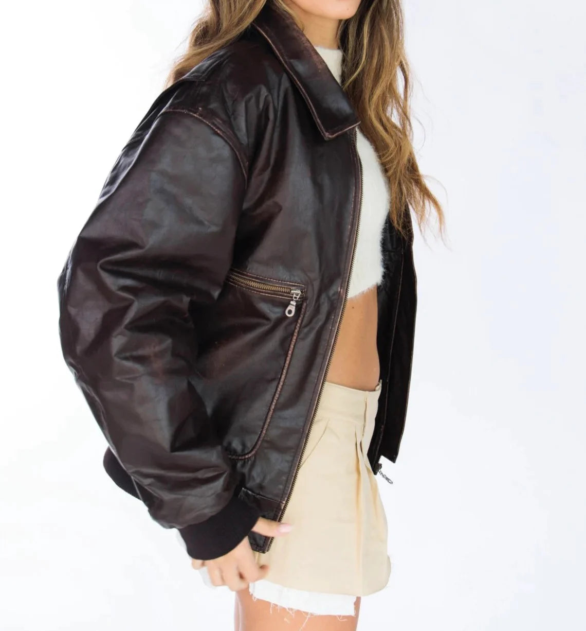 WOMEN'S HANDMADE OVERSIZE REAL LEATHER DISTRESSED BROWN BOMBER JACKET