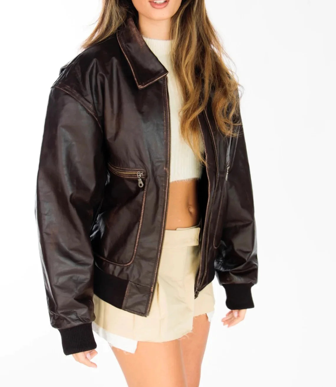 WOMEN'S HANDMADE OVERSIZE REAL LEATHER DISTRESSED BROWN BOMBER JACKET