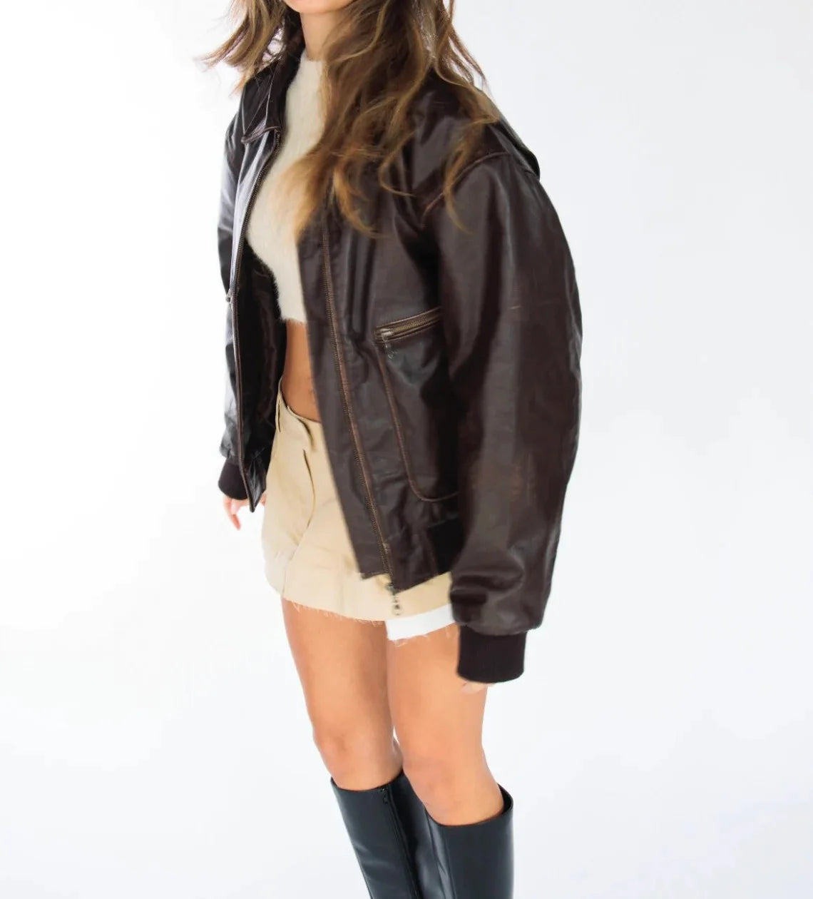 WOMEN'S HANDMADE OVERSIZE REAL LEATHER DISTRESSED BROWN BOMBER JACKET