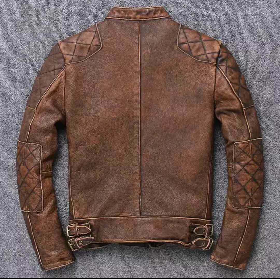 MEN'S BIKER VINTAGE TAN CAFÉ RACER DISTRESSED GENUINE REAL LEATHER JACKET QUALITY