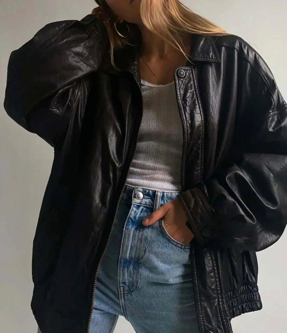 90's Women's Handmade Oversized Real Leather Black Bomber Jacket