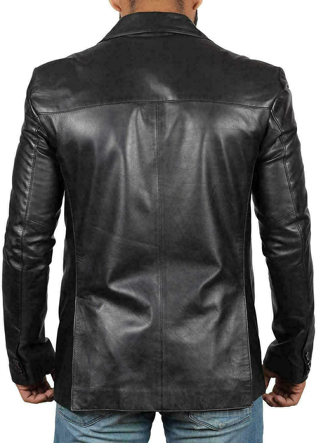MENS GENUINE LAMBSKIN LEATHER BLAZER JACKET COAT TWO BUTTON BLACK SLIM FIT COAT