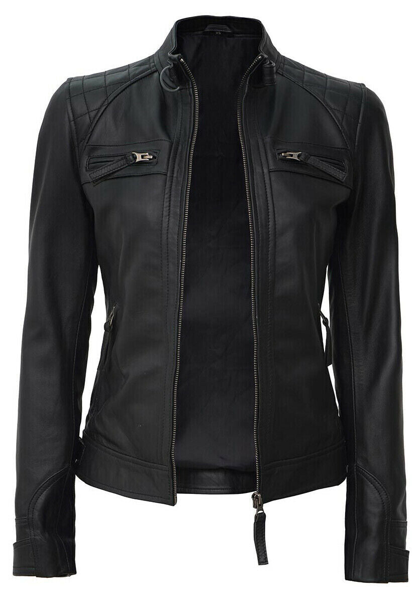 Ladies Women's Black Slim Fit Biker Lambskin Leather Designer Jacket