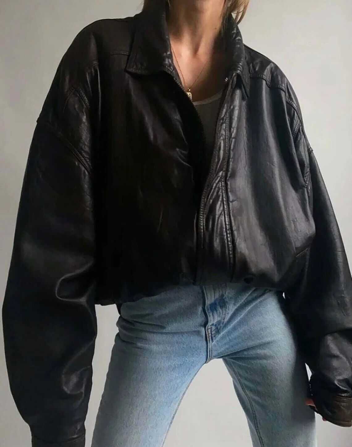 90's Women's Handmade Oversized Real Leather Black Bomber Jacket