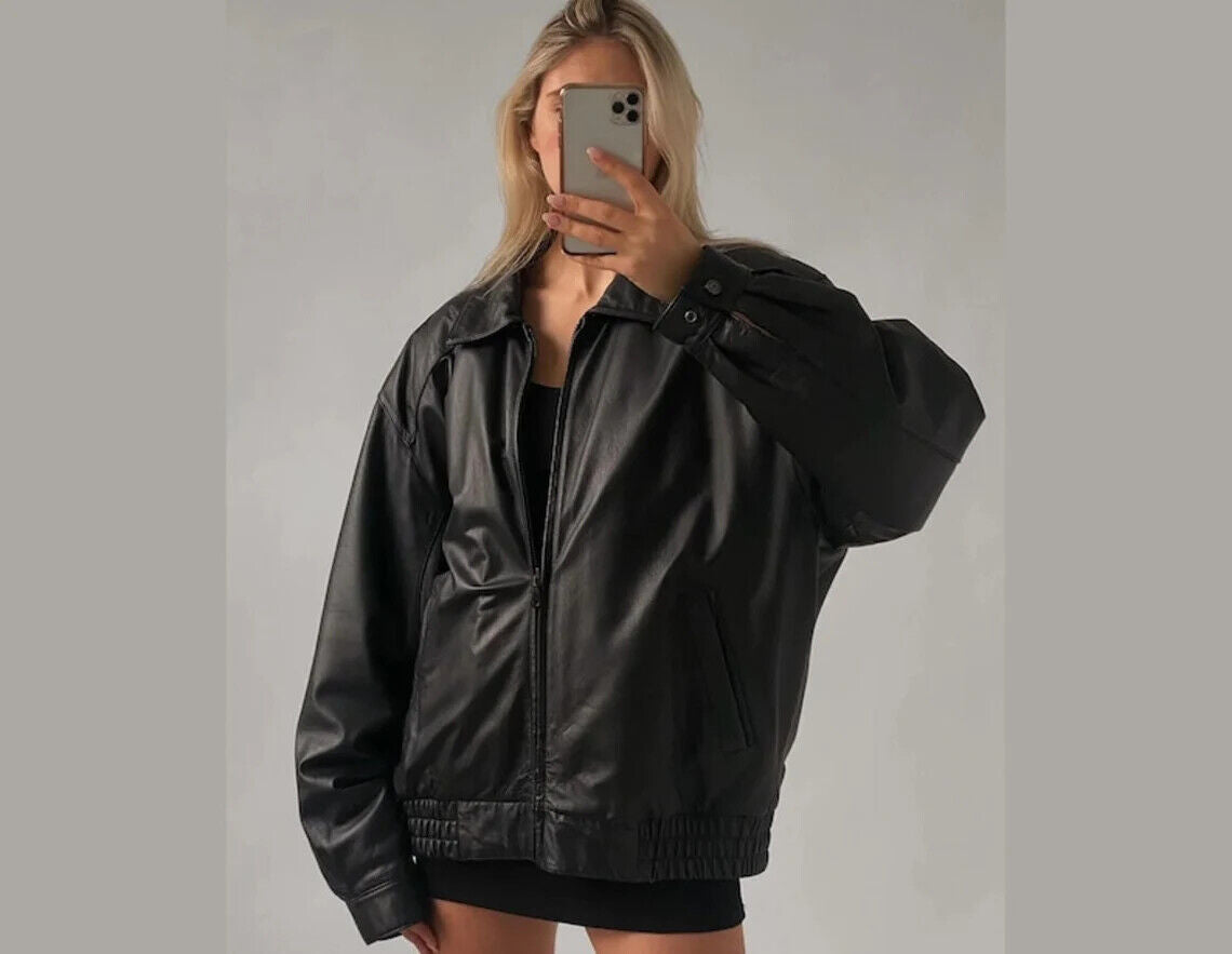 90's Women's Handmade Oversized Real Leather Black Bomber Jacket