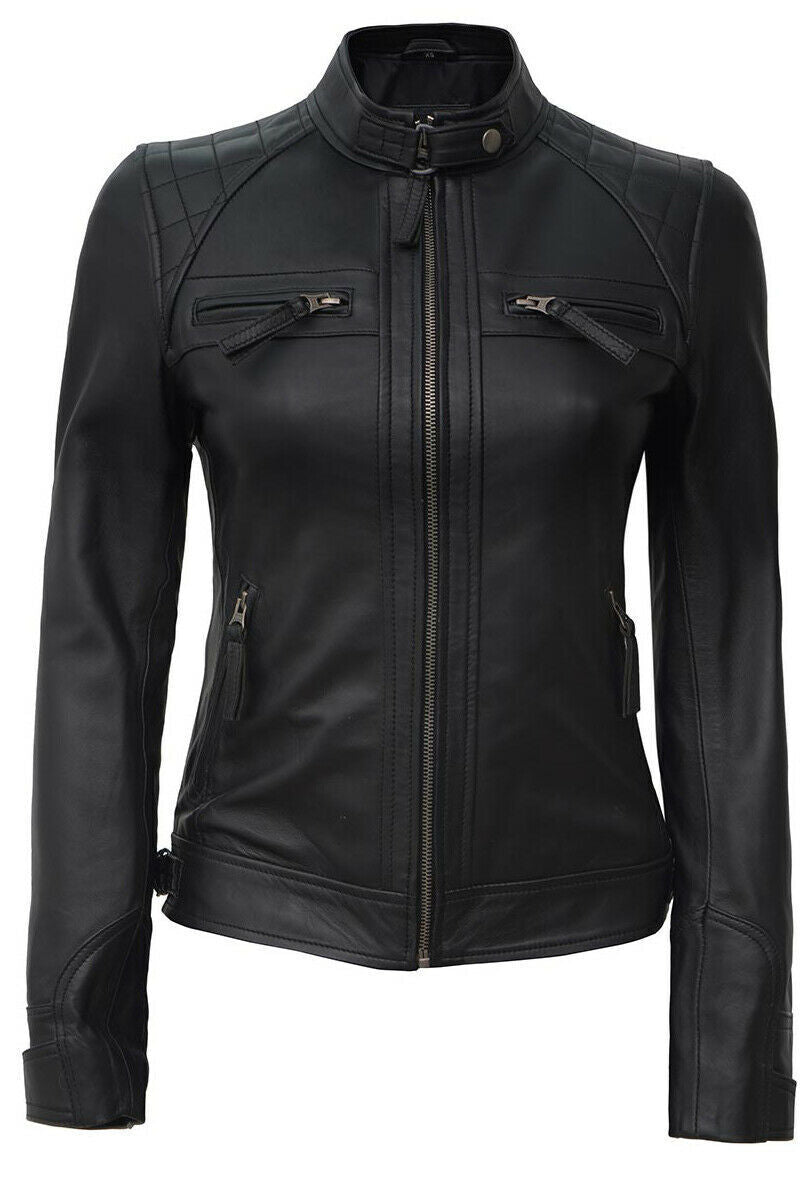 Ladies Women's Black Slim Fit Biker Lambskin Leather Designer Jacket