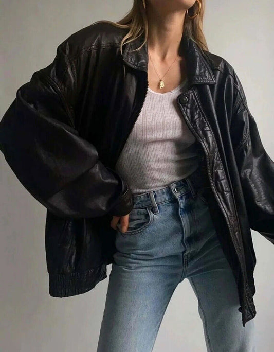 90's Women's Handmade Oversized Real Leather Black Bomber Jacket