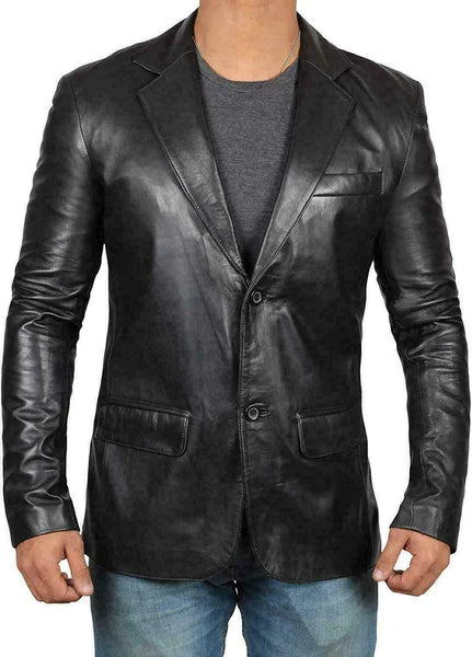 MENS GENUINE LAMBSKIN LEATHER BLAZER JACKET COAT TWO BUTTON BLACK SLIM FIT COAT