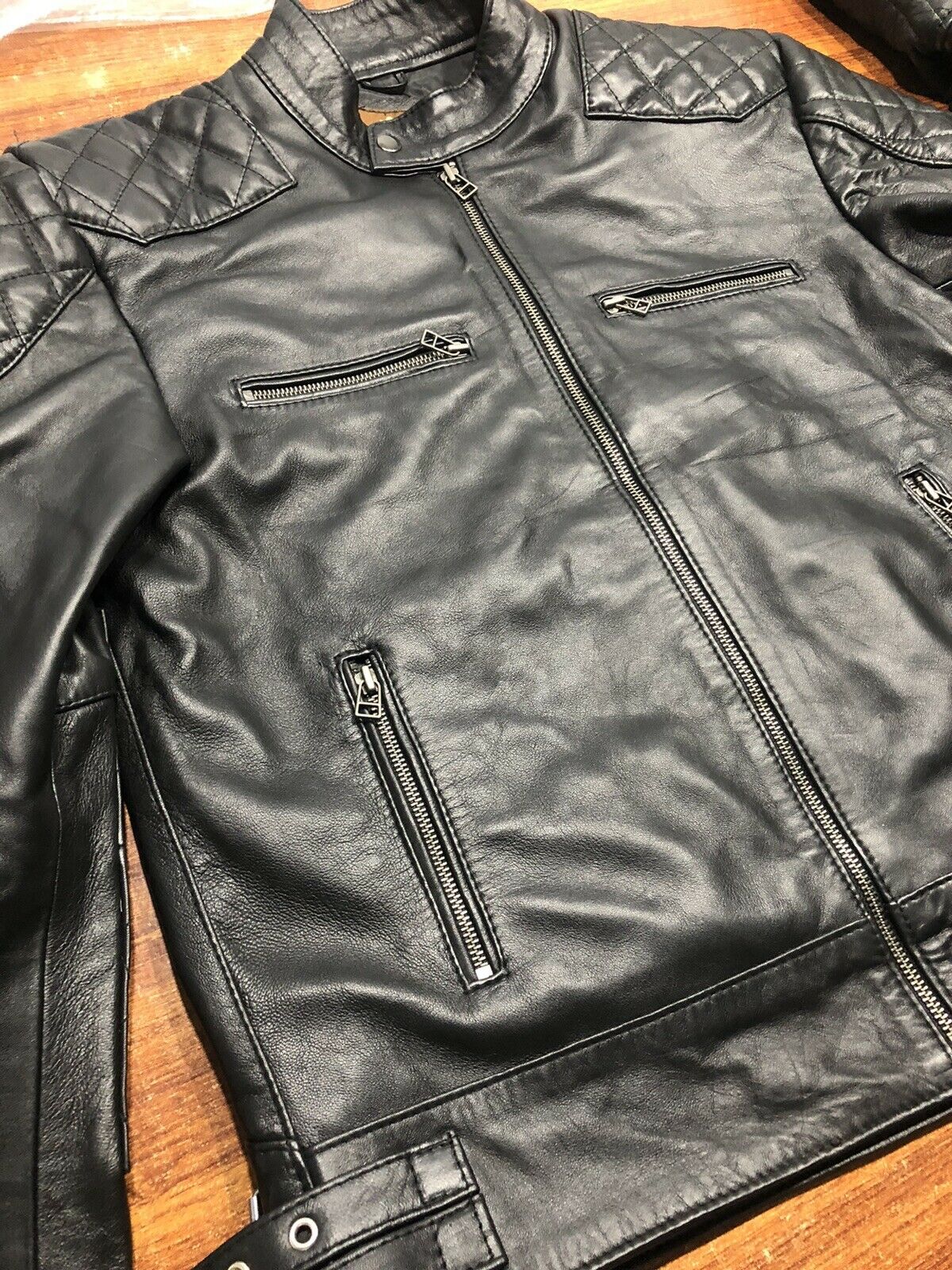 Mens Black David Beckham Real Leather Jacket Biker Vintage Slim Fit Sheep leather