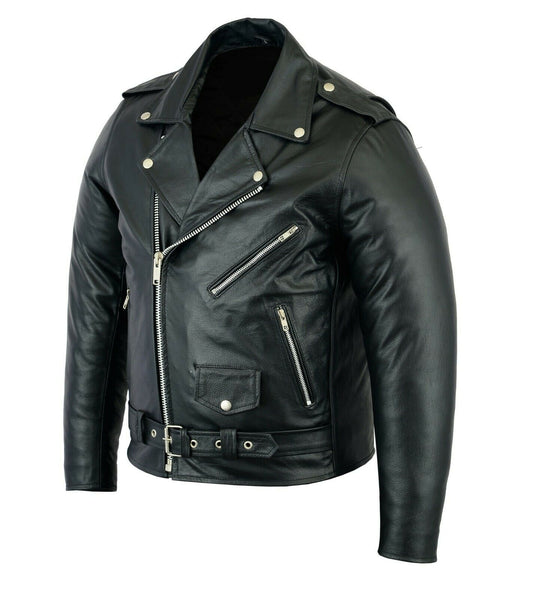 Mens Brando Vintage Motorcycle Biker Black Real Leather Motorbike Jacket