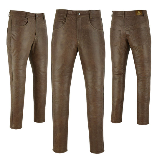 MENS VINTAGE DISTRESSED BROWN LEATHER COWHIDE MOTORCYCLE JEANS TROUSERS