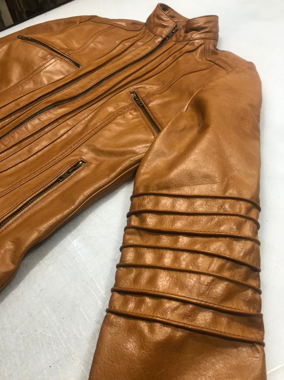 Handmade Womens Ladies Jacket Biker Tan Brown Genuine Real Leather Jacket Waxed