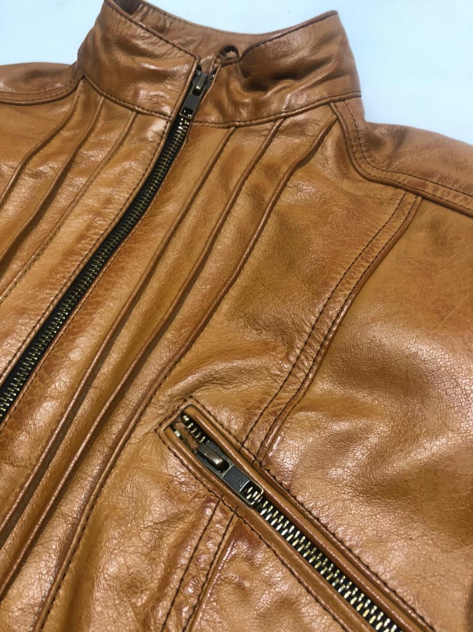 Handmade Womens Ladies Jacket Biker Tan Brown Genuine Real Leather Jacket Waxed