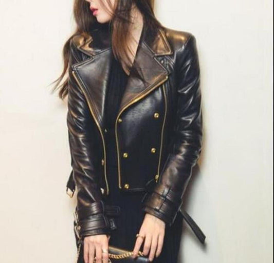 Women's Black Moto Style Genuine Lambskin/Sheep Leather Slim fit Jacket