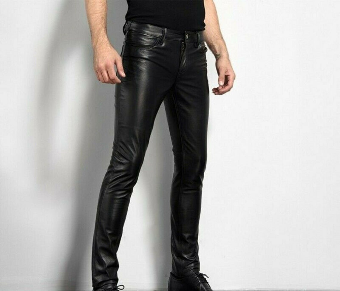 Mens Leather Party Pants Slim Fit Real Faux Leather Pants Classic Plain Pants