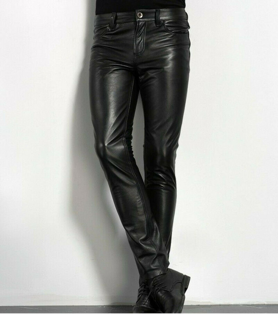 Mens Leather Party Pants Slim Fit Real Faux Leather Pants Classic Plain Pants