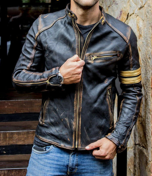 Men's Black Biker Vintage Motorcycle Distressed Cafe Racer Genuine Real Leather