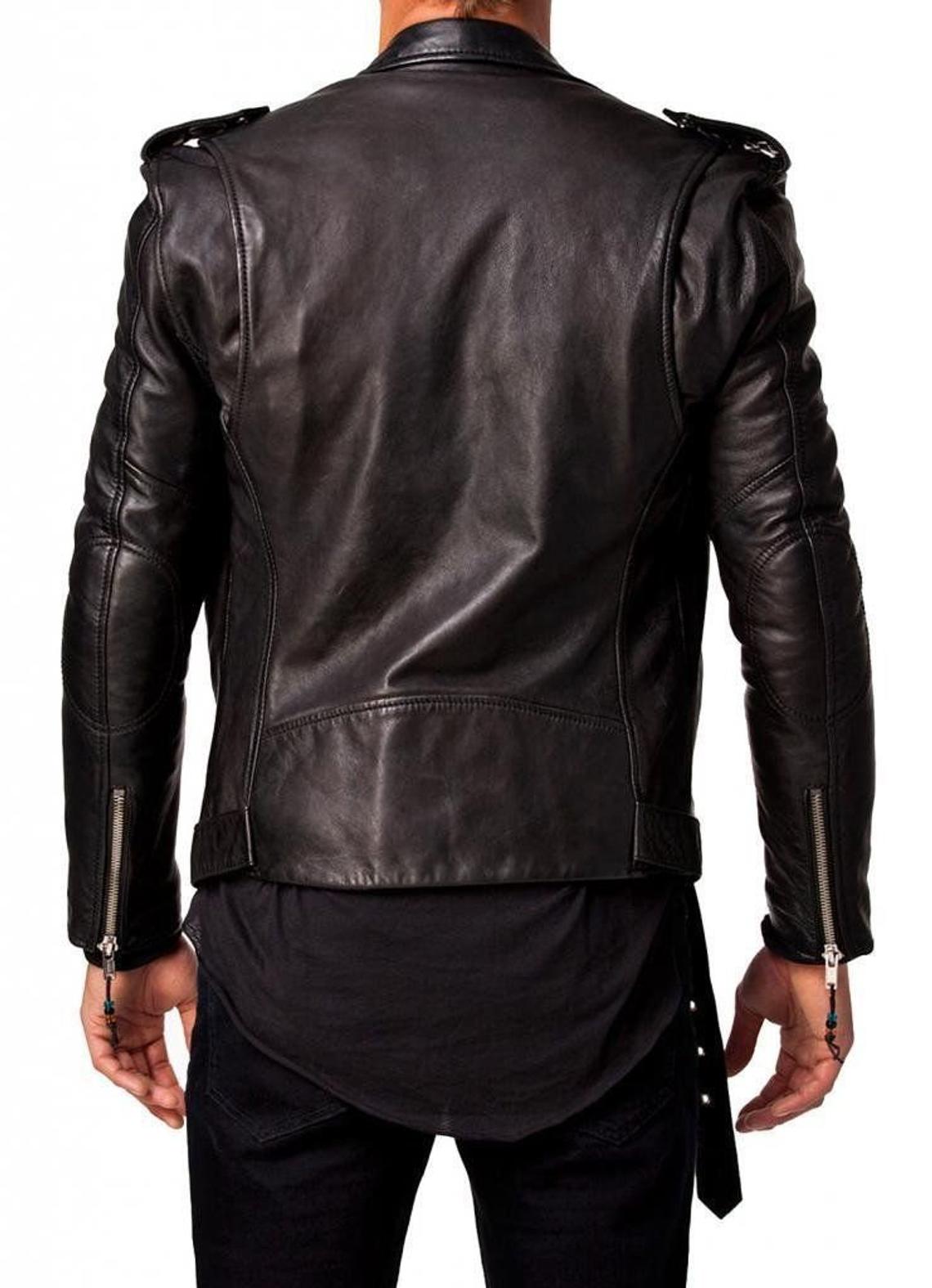 Men's Genuine Lambskin Leather Black Slim fit Biker Motorcycle Brando Fashion Jacket