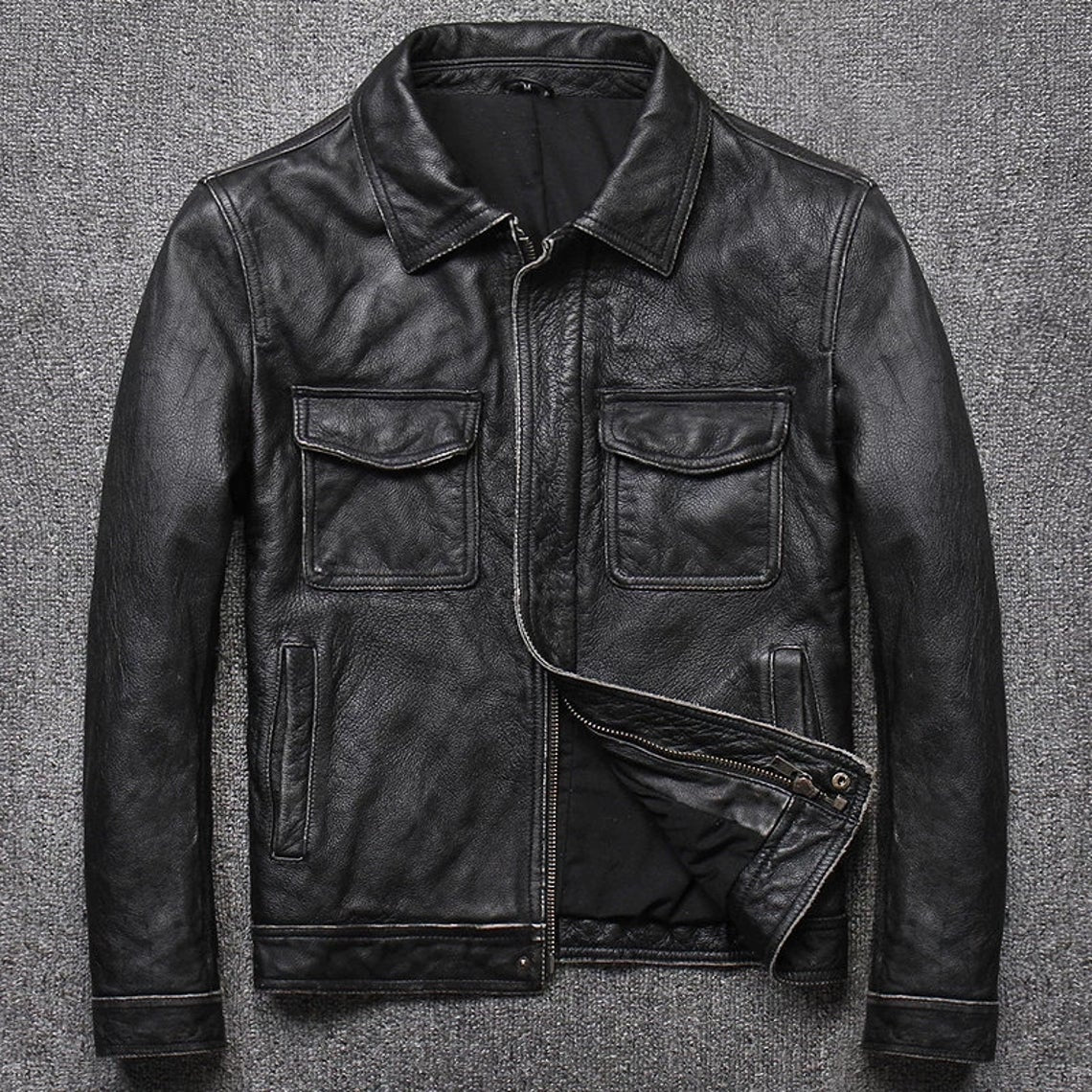 Mens Natural Cowhide Leather Slim Fit Jacket Vintage Style Butter Soft Leather