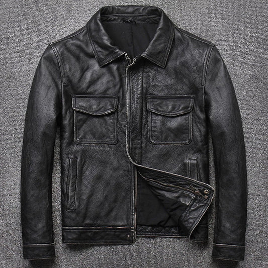 Mens Natural Cowhide Leather Slim Fit Jacket Vintage Style Butter Soft Leather