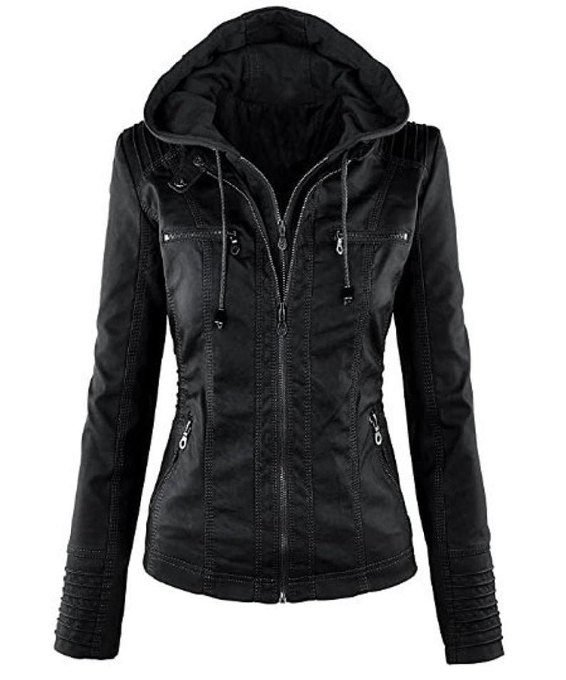 Women's Hooded Black Biker Motorcycle Real Leather Jacket Stylish Slim Fit Black Winter Jacket