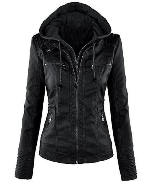 Women's Hooded Black Biker Motorcycle Real Leather Jacket Stylish Slim Fit Black Winter Jacket