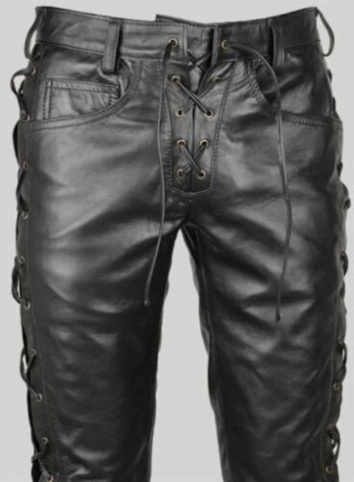 Mens Leather Side Laces Pants Genuine Cowhide Plain Skin Leather pants fashion killer pants