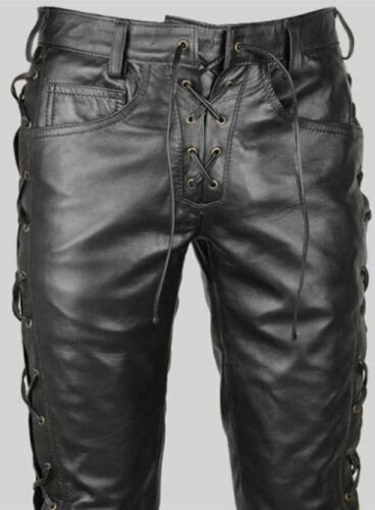 Mens Leather Side Laces Pants Genuine Cowhide Plain Skin Leather pants fashion killer pants