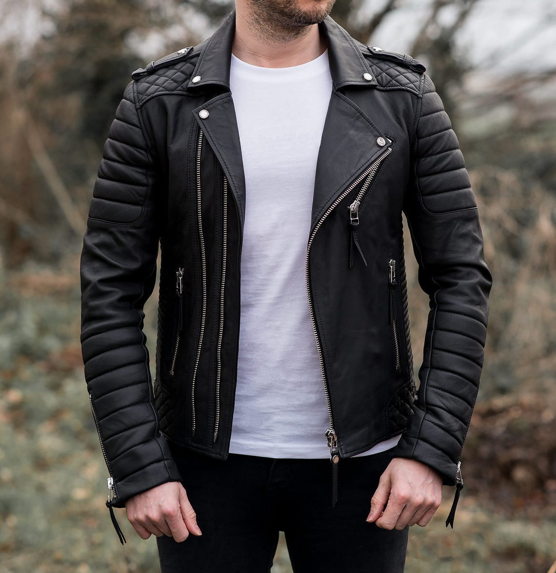 MENS KAY MICHAEL GENUINE SHEEP LEATHER JACKET BLACK DIAMOND QUILTED SLIM FIT NEW
