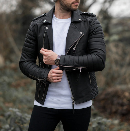 MENS KAY MICHAEL GENUINE SHEEP LEATHER JACKET BLACK DIAMOND QUILTED SLIM FIT NEW