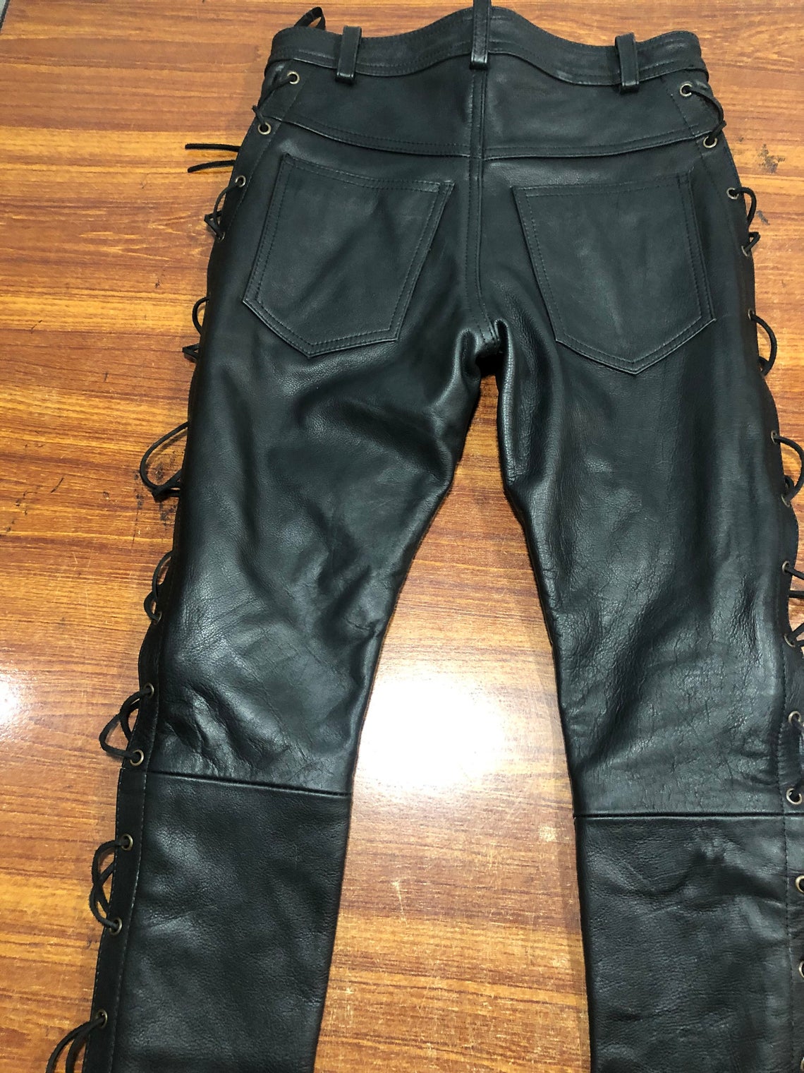 Mens Leather Side Laces Pants Genuine Cowhide Plain Skin Leather pants fashion killer pants