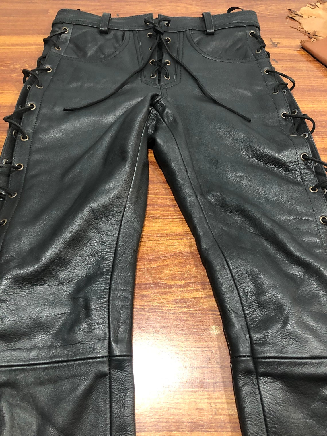 Mens Leather Side Laces Pants Genuine Cowhide Plain Skin Leather pants fashion killer pants