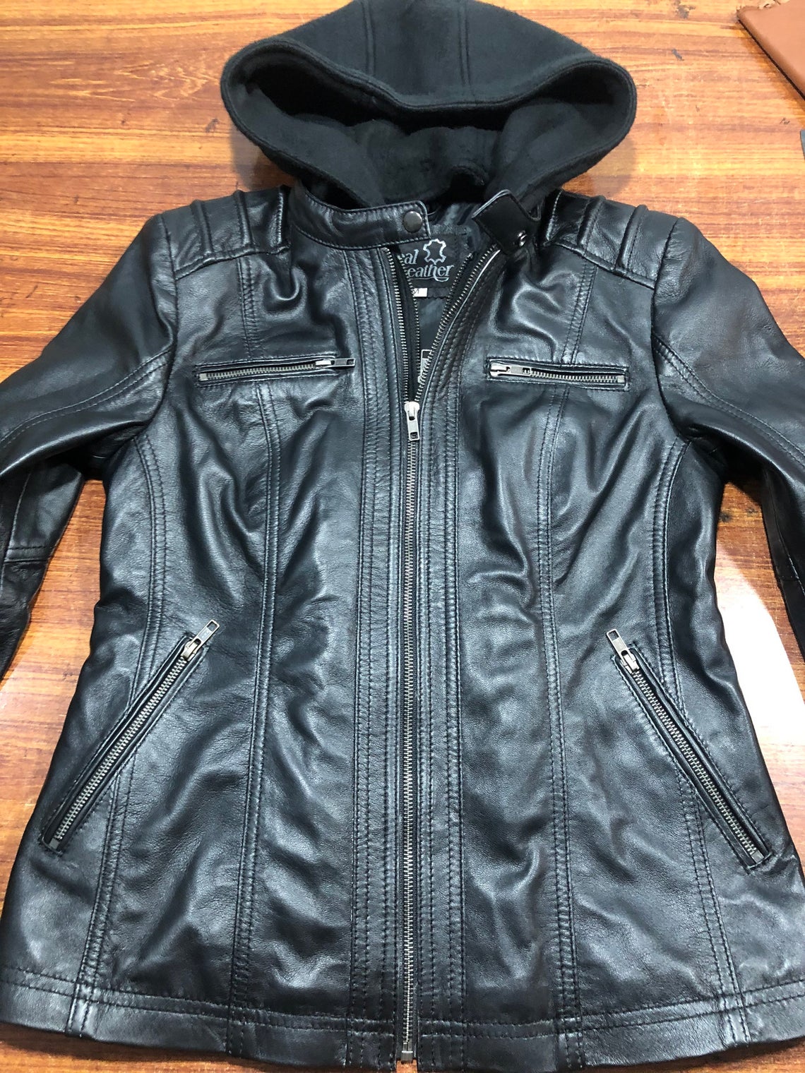 Women's Hooded Black Biker Motorcycle Real Leather Jacket Stylish Slim Fit Black Winter Jacket