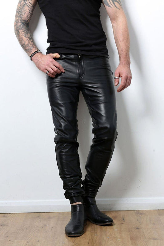 Men's Real High Quality Black Cowhide Leather Slim Fit Pants Luxury Slim Fit