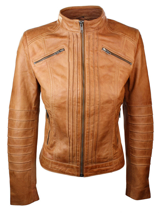 Handmade Womens Ladies Jacket Biker Tan Brown Genuine Real Leather Jacket Waxed