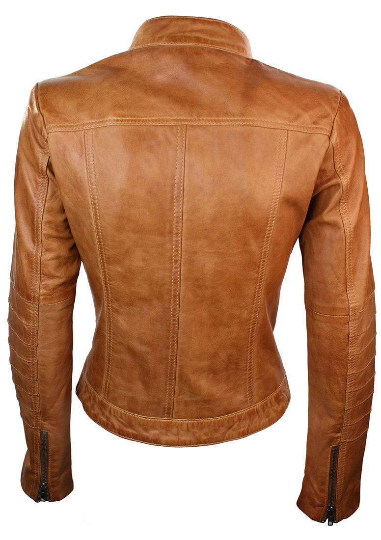 Handmade Womens Ladies Jacket Biker Tan Brown Genuine Real Leather Jacket Waxed