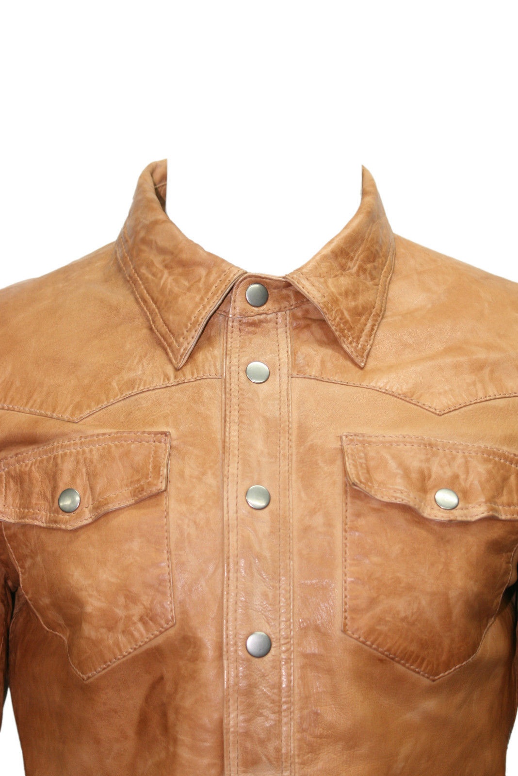 Mens Casual Biker Vintage Waxed Distressed TAN Real Leather Shirt Retro Moto
