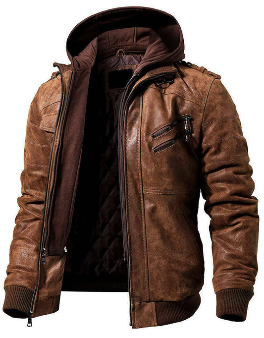 Men's Casual Stand Collar Distressed Brown Real Leather Zip-Up Biker Jacket