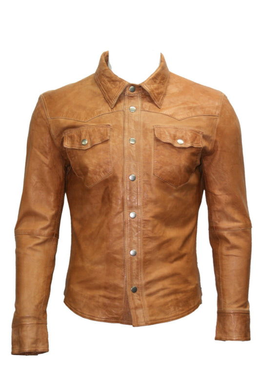 Mens Casual Biker Vintage Waxed Distressed TAN Real Leather Shirt Retro Moto