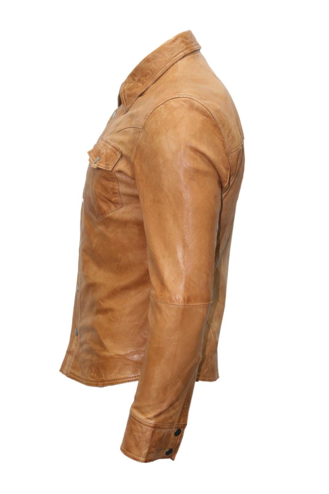 Mens Casual Biker Vintage Waxed Distressed TAN Real Leather Shirt Retro Moto