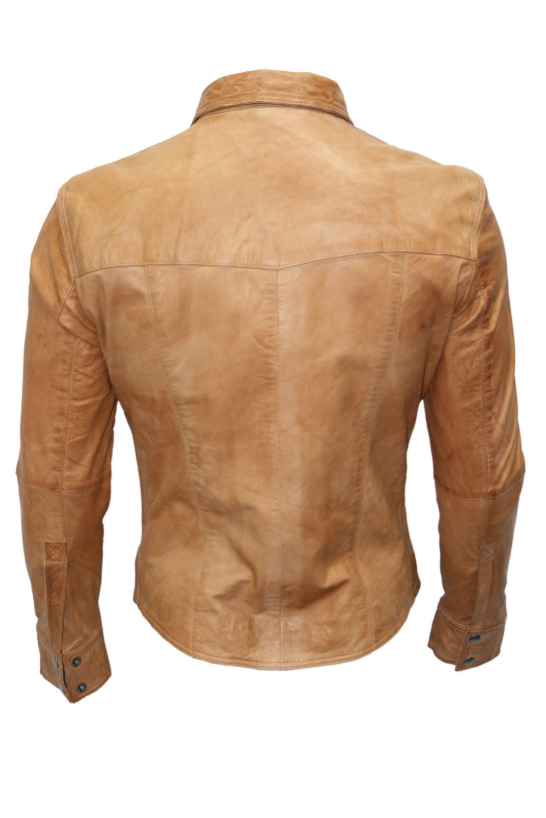 Mens Casual Biker Vintage Waxed Distressed TAN Real Leather Shirt Retro Moto