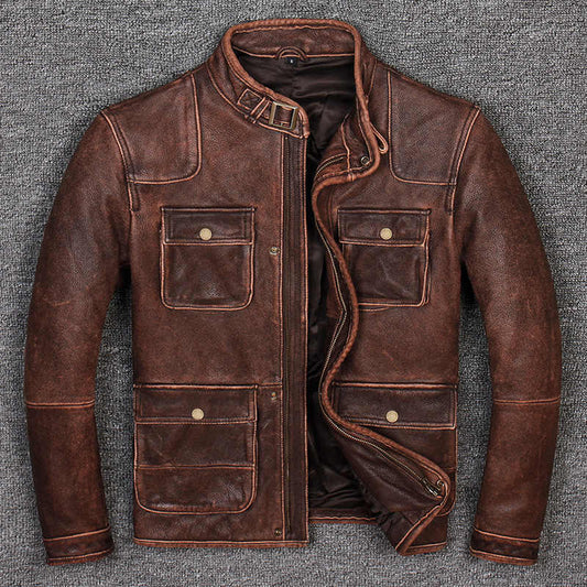 Mens Vintage Brown Leather Jacket Biker Style Motorcycle Real Leather Jacket