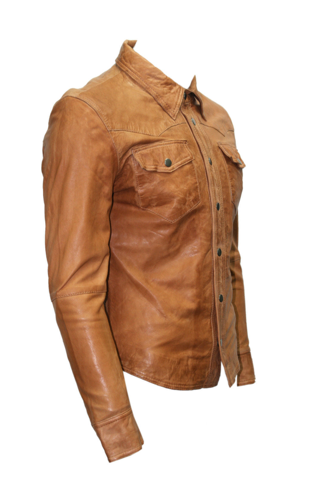 Mens Casual Biker Vintage Waxed Distressed TAN Real Leather Shirt Retro Moto