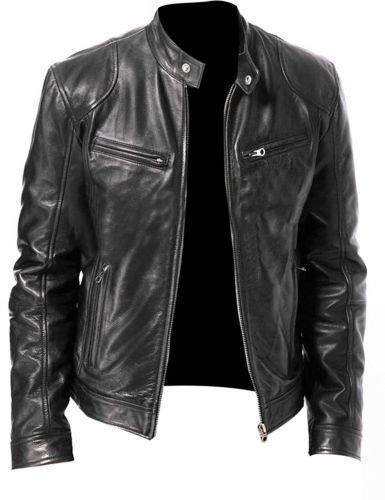 MEN'S VINTAGE CAFE RACER BLACK BROWN GENUINE LEATHER SLIM FIT RETRO BIKER JACKET