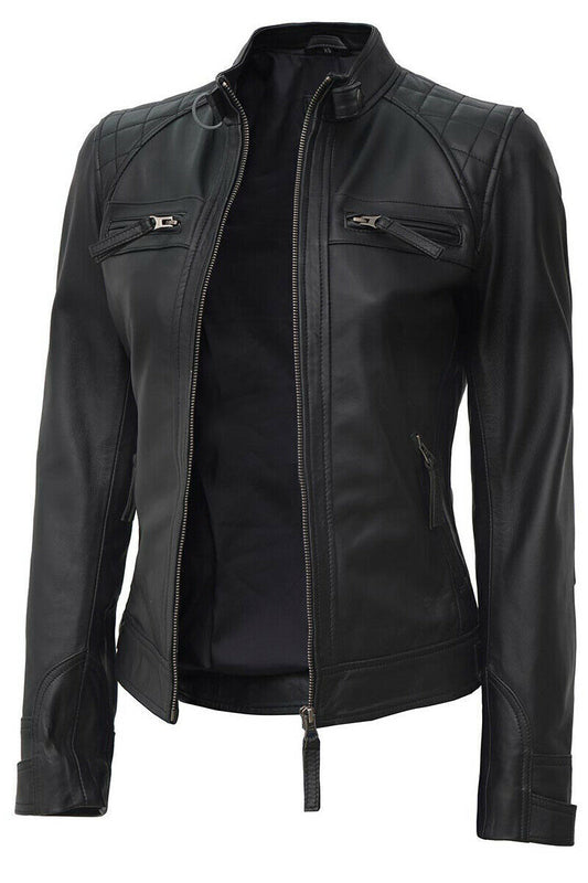 Ladies Women's Black Slim Fit Biker Lambskin Leather Designer Jacket