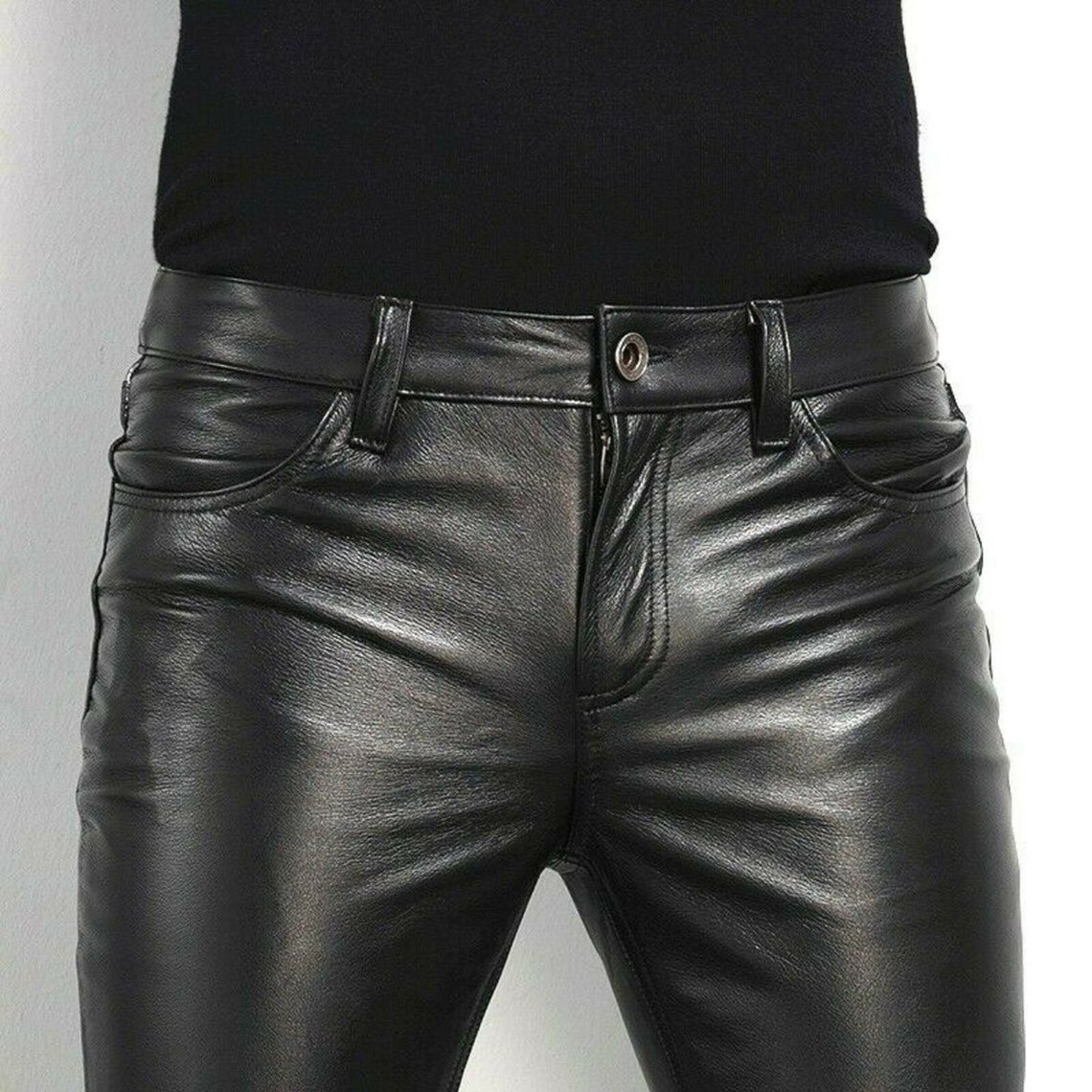Mens Leather Party Pants Slim Fit Real Faux Leather Pants Classic Plain Pants