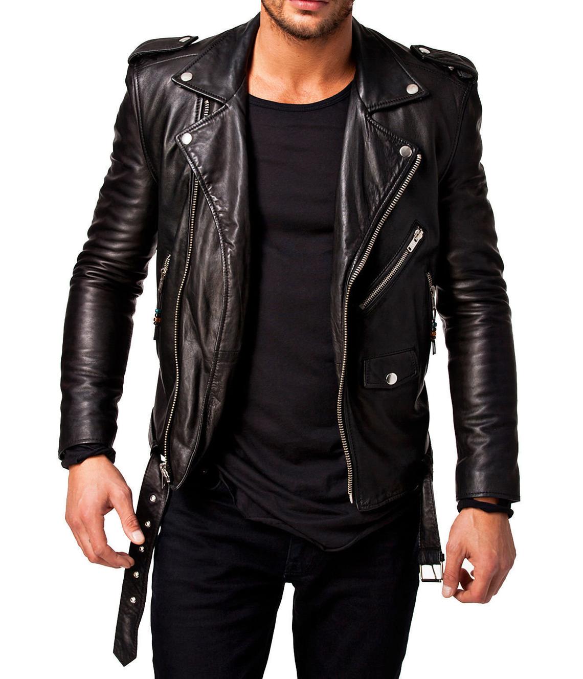 Men's Genuine Lambskin Leather Black Slim fit Biker Motorcycle Brando Fashion Jacket