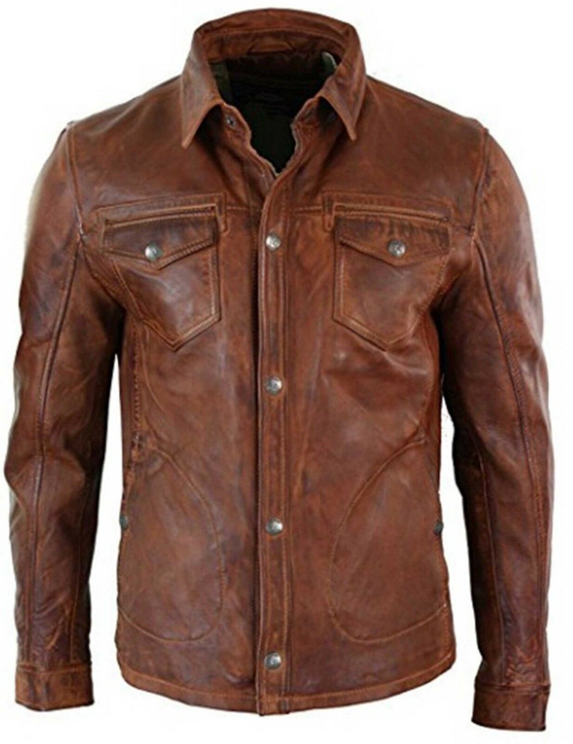 Mens Casual Biker Vintage Waxed Distressed Brown Real Leather Shirt Retro Moto