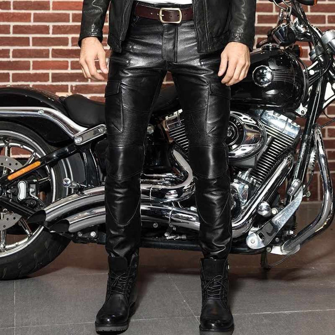 Men in leather store pants