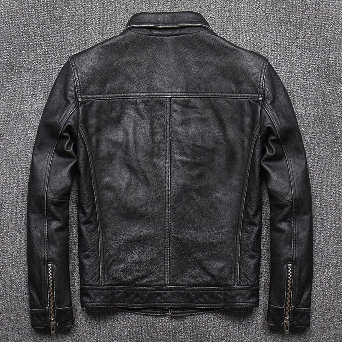 Mens Natural Cowhide Leather Slim Fit Jacket Vintage Style Butter Soft Leather